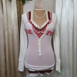 ♡ Y2K ♡ Aeropostale Heart Logo Babydoll Henley White & Pink